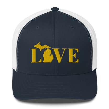 Michigan 'Love' Trucker Hat (Didone Font) | Gold Embroidery