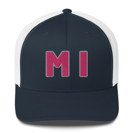 Michigan 'MI' Trucker Hat (1940s Baseball Font) | Pink Embroidery