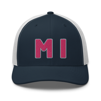 Michigan 'MI' Trucker Hat (1940s Baseball Font) | Pink Embroidery