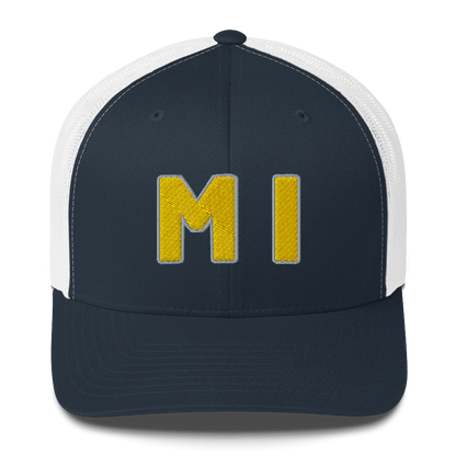 Michigan 'MI' Trucker Hat (1940s Baseball Font) | Gold Embroidery