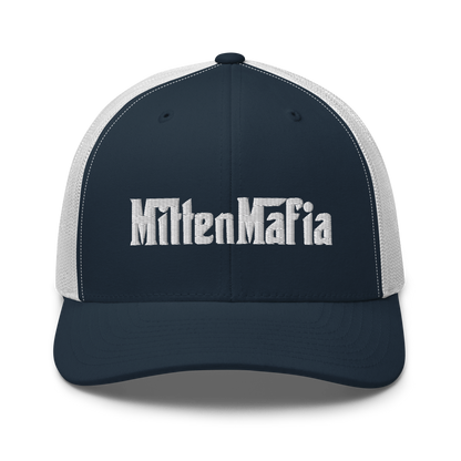 Michigan 'MittenMafia' Trucker Hat (Gangster Font) White/Black Embroidery