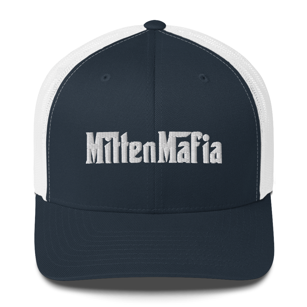 Michigan 'MittenMafia' Trucker Hat (Gangster Font) White/Black Embroidery