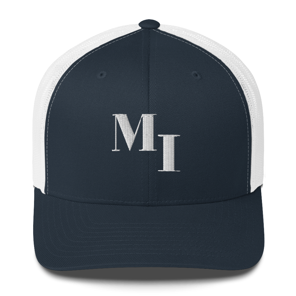 Michigan 'MI' Trucker Hat (Didone Logotype) | White/Navy Embroidery