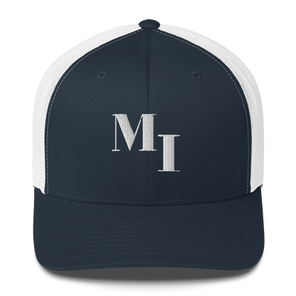 Michigan 'MI' Trucker Hat (Didone Logotype) | White/Navy Embroidery