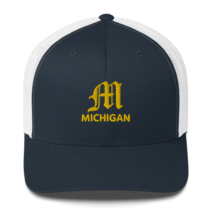 'Michigan' Trucker Hat (w/ 'Old English M') | Gold Embroidery