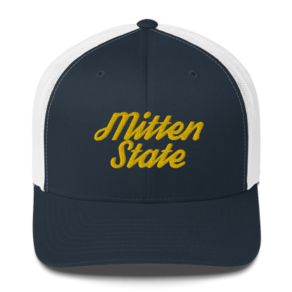 Michigan 'Mitten State' Trucker Hat (Script Font) | Gold Embroidery