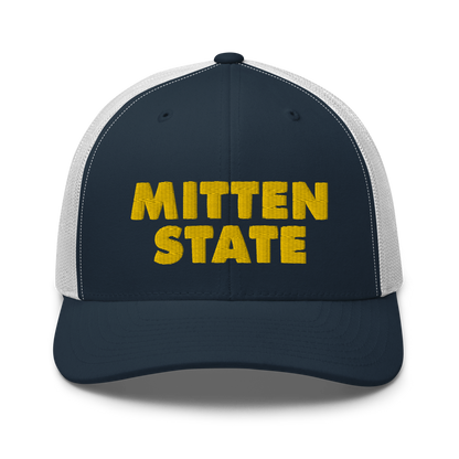 Michigan 'Mitten State' Trucker Hat (Geometric Sans Font) | Gold Embroidery