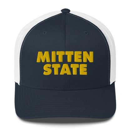 Michigan 'Mitten State' Trucker Hat (Geometric Sans Font) | Gold Embroidery