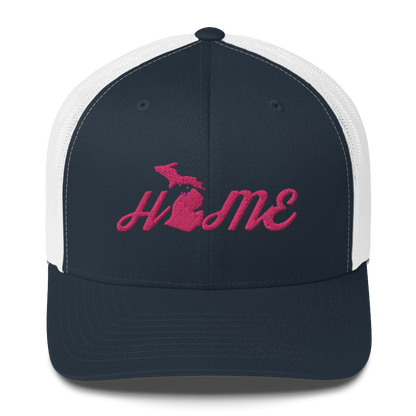 Michigan 'Home' Trucker Hat (Script Font) | Pink Embroidery