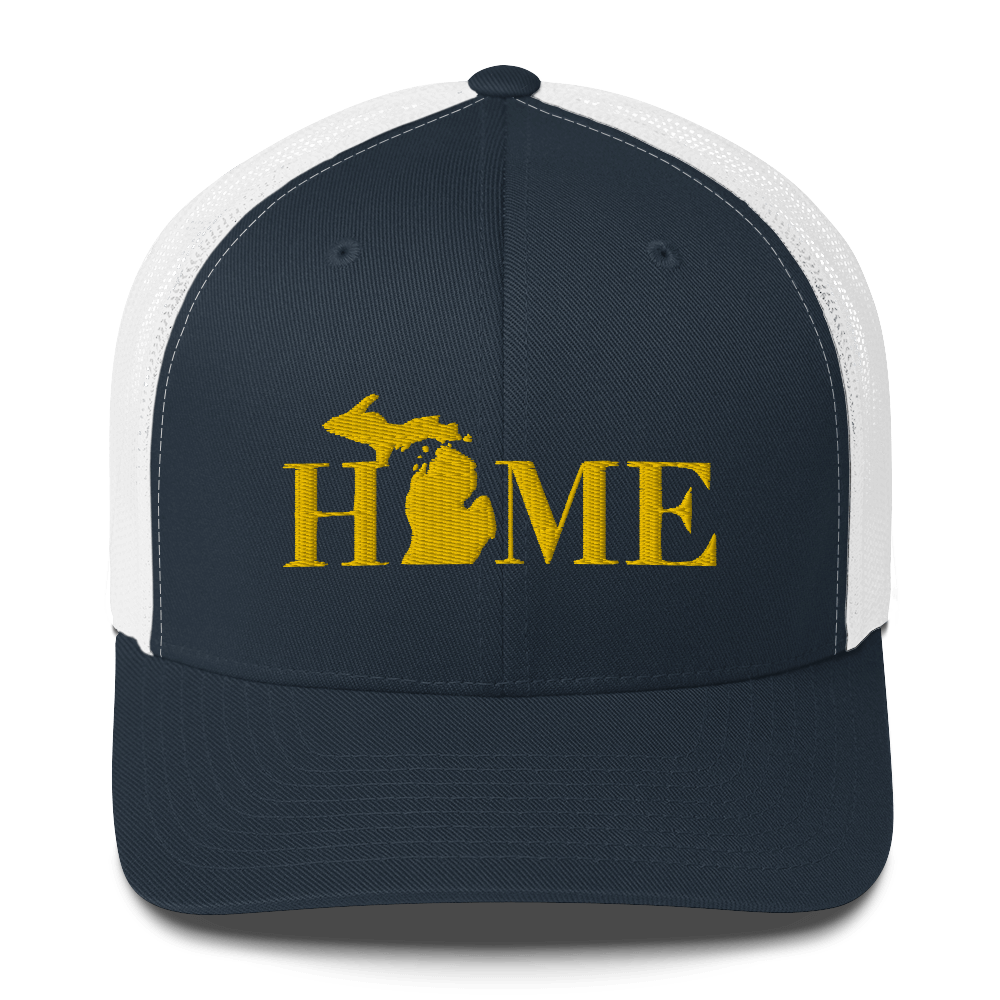 Michigan 'Home' Trucker Hat (Didone Font) | Gold Embroidery