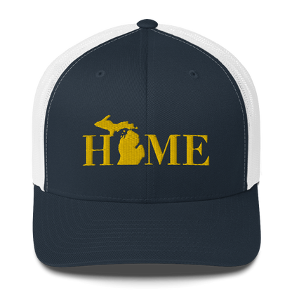 Michigan 'Home' Trucker Hat (Didone Font) | Gold Embroidery