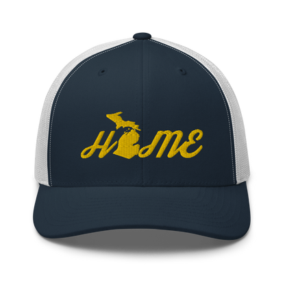 Michigan 'Home' Trucker Hat (Script Font) | Gold Embroidery