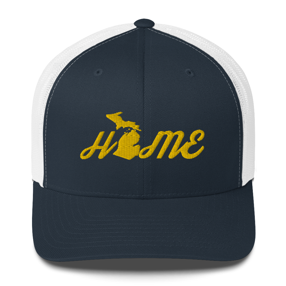 Michigan 'Home' Trucker Hat (Script Font) | Gold Embroidery