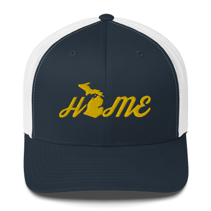 Michigan 'Home' Trucker Hat (Script Font) | Gold Embroidery