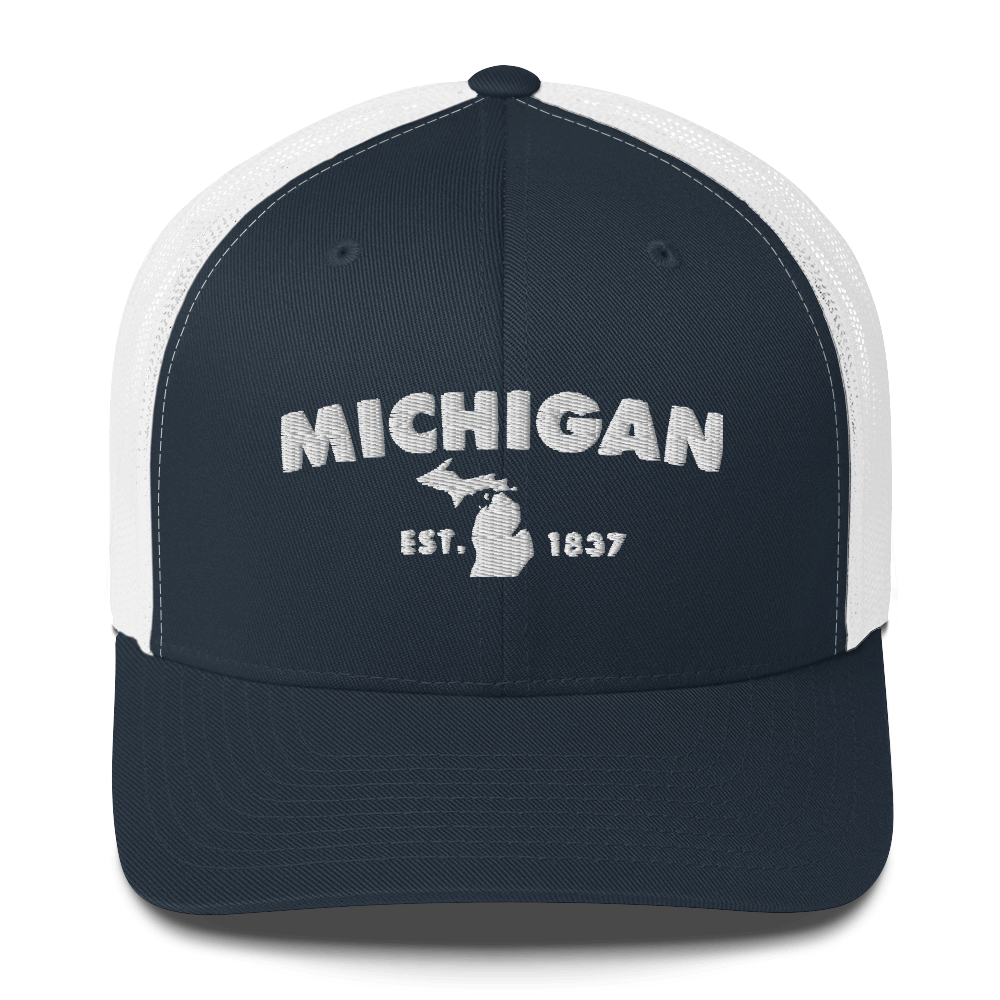 'Michigan EST 1837' Trucker Hat (Geometric Sans Font)