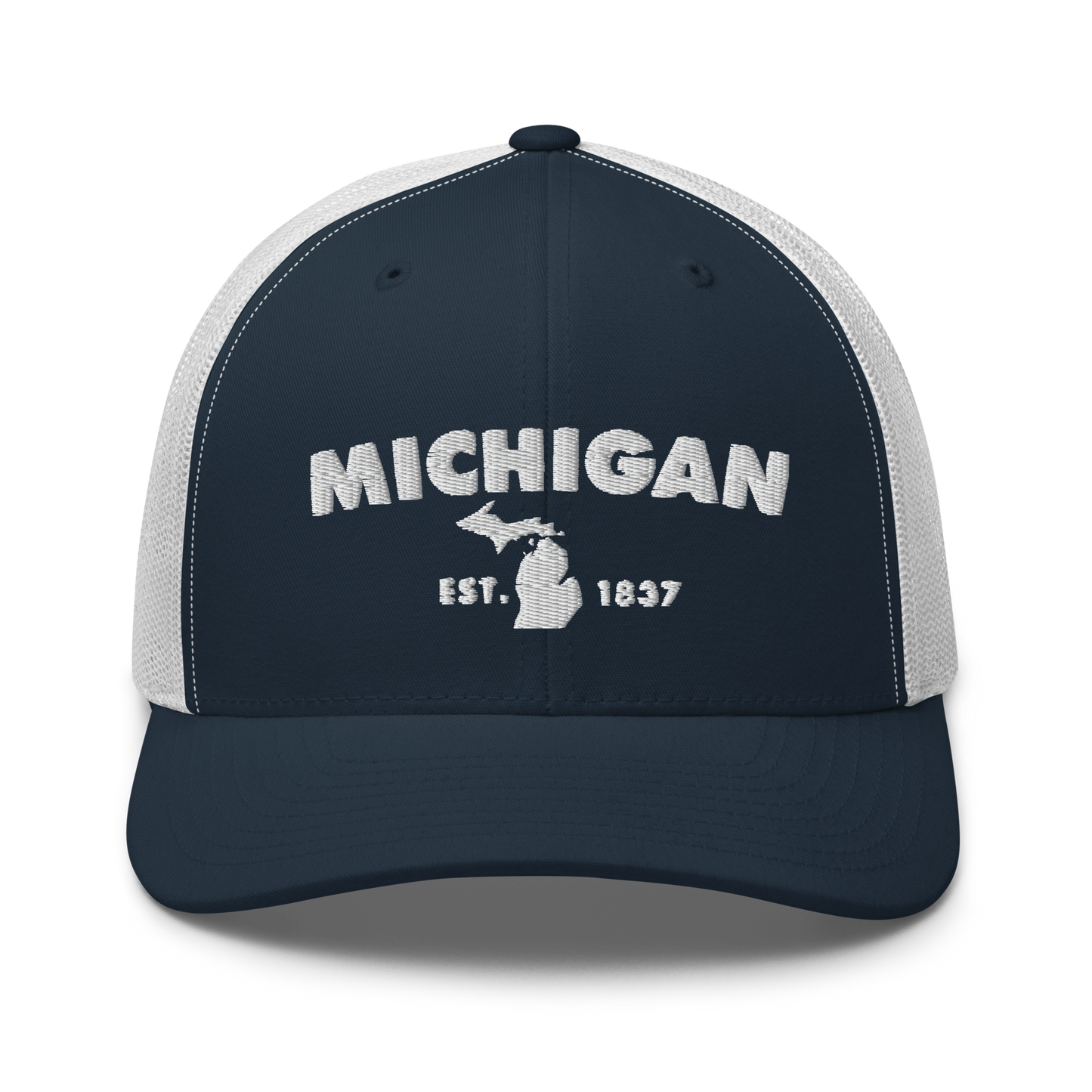 'Michigan EST 1837' Trucker Hat (Geometric Sans Font)