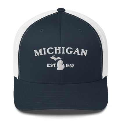 'Michigan EST 1837' Trucker Hat (Woodcut Font)