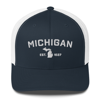 'Michigan EST 1837' Trucker Hat (Athletic Font)