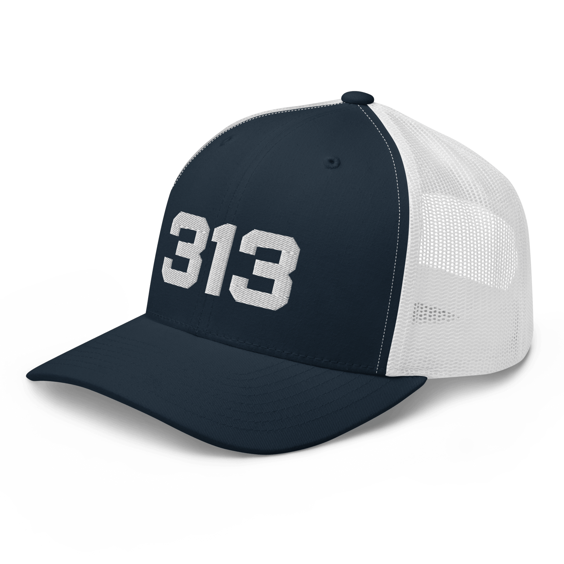 Detroit '313' Trucker Hat | White/Black Embroidery - Circumspice Michigan