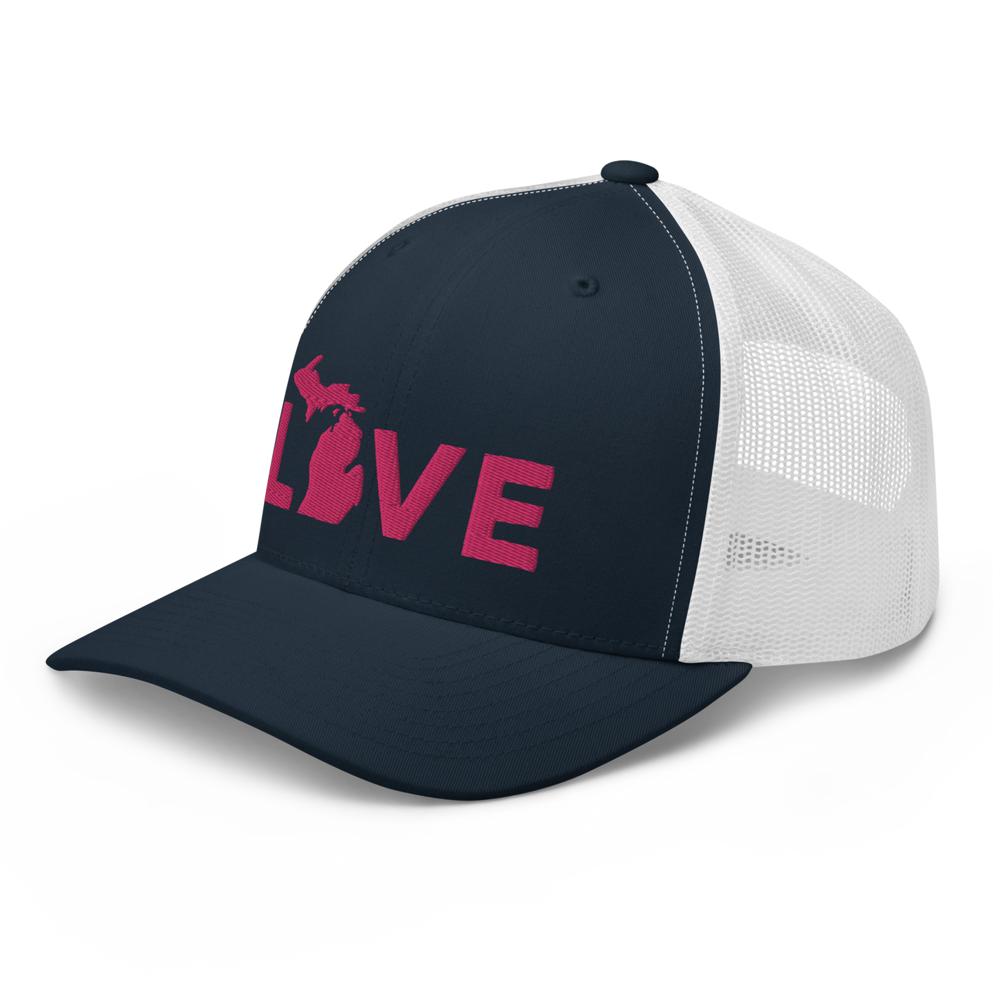 Michigan 'Love' Trucker Hat (Geometric Sans Font) | Pink Embrodiery