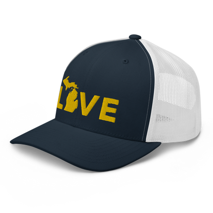 Michigan 'Love' Trucker Hat (Geometric Sans Font) | Gold Embroidery