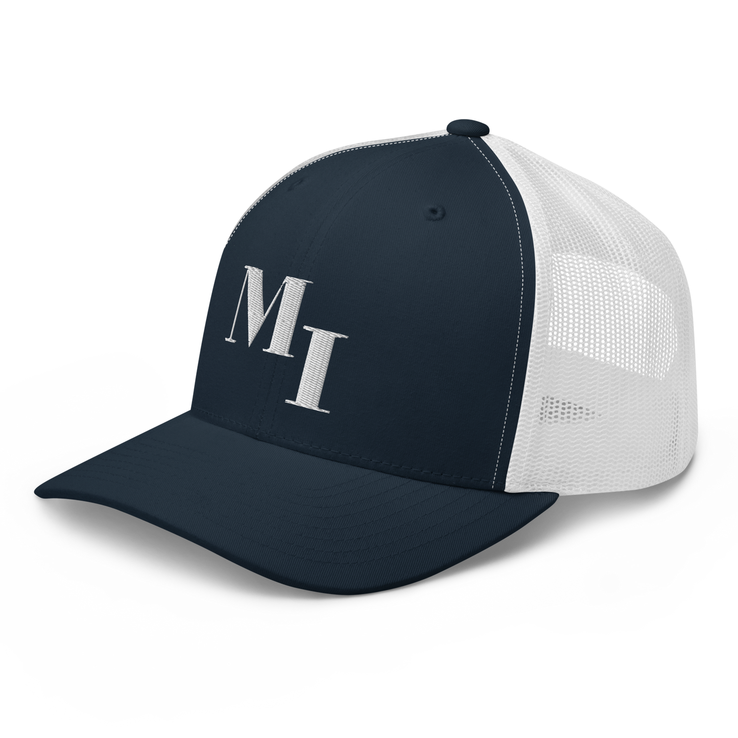 Michigan 'MI' Trucker Hat (Didone Logotype) | White/Navy Embroidery