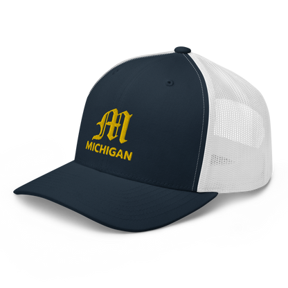 'Michigan' Trucker Hat (w/ 'Old English M') | Gold Embroidery