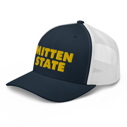 Michigan 'Mitten State' Trucker Hat (Geometric Sans Font) | Gold Embroidery