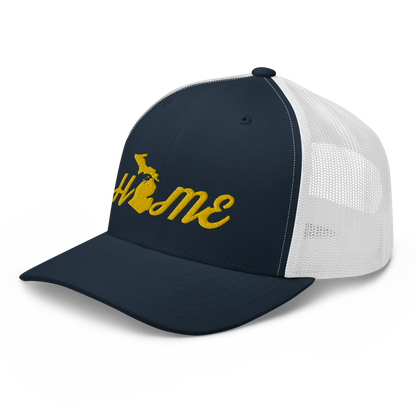 Michigan 'Home' Trucker Hat (Script Font) | Gold Embroidery