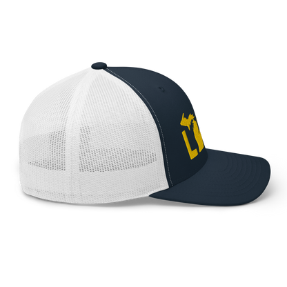 Michigan 'Love' Trucker Hat (Geometric Sans Font) | Gold Embroidery