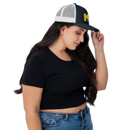 Michigan 'MI' Trucker Hat (1940s Baseball Font) | Gold Embroidery