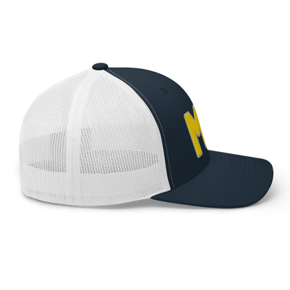 Michigan 'MI' Trucker Hat (1940s Baseball Font) | Gold Embroidery