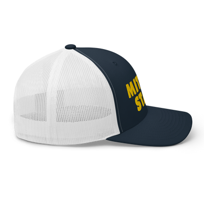 Michigan 'Mitten State' Trucker Hat (Geometric Sans Font) | Gold Embroidery