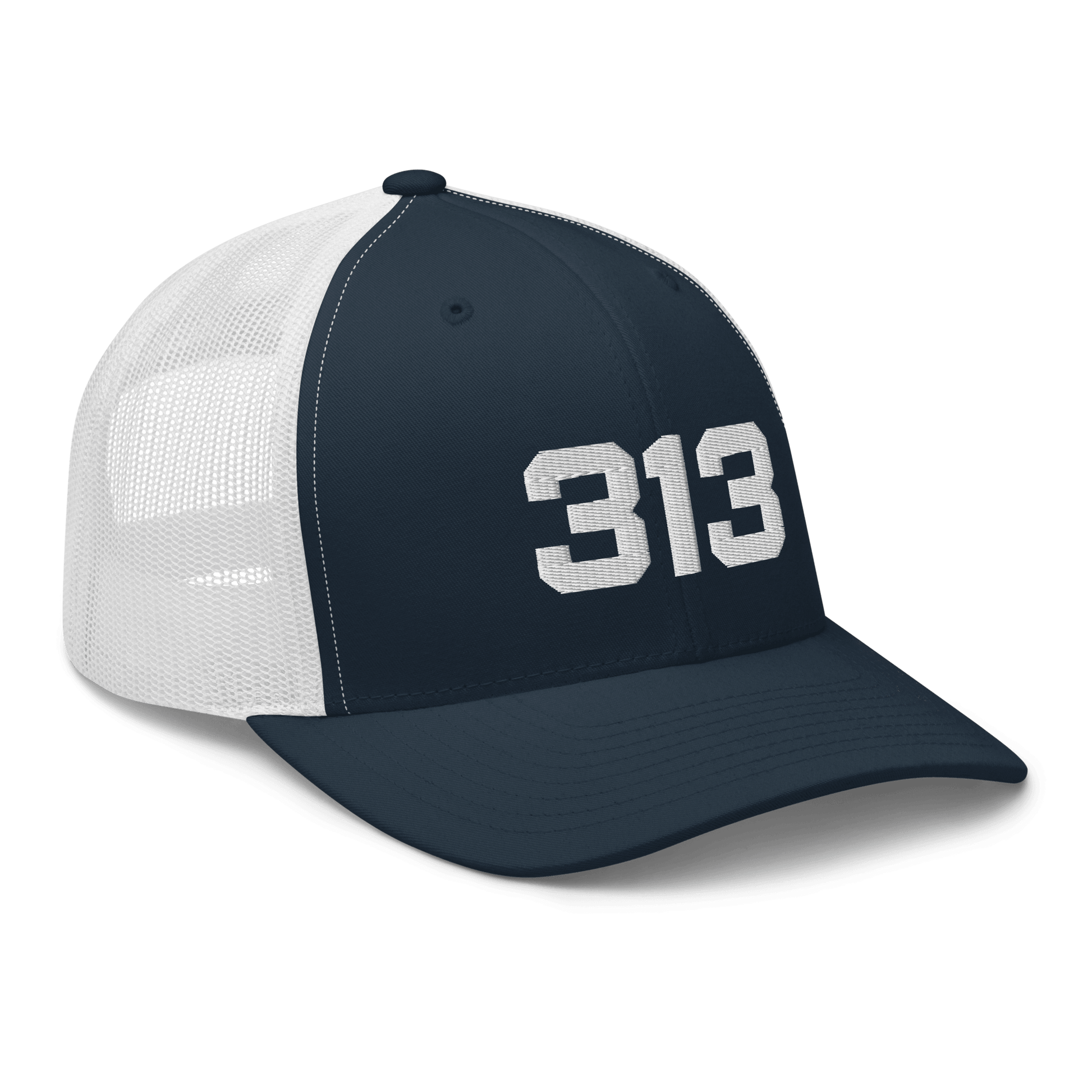 Detroit '313' Trucker Hat | White/Black Embroidery - Circumspice Michigan