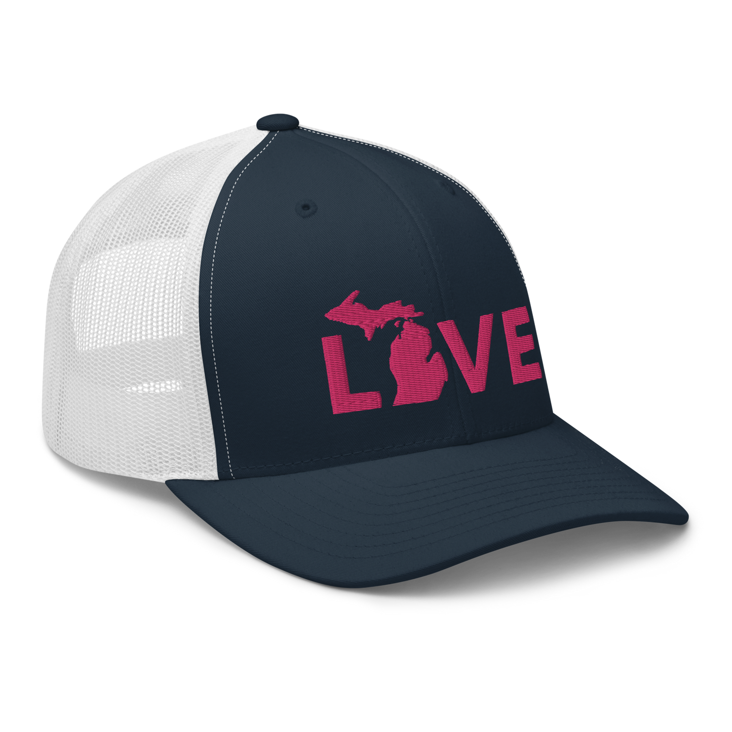 Michigan 'Love' Trucker Hat (Geometric Sans Font) | Pink Embrodiery