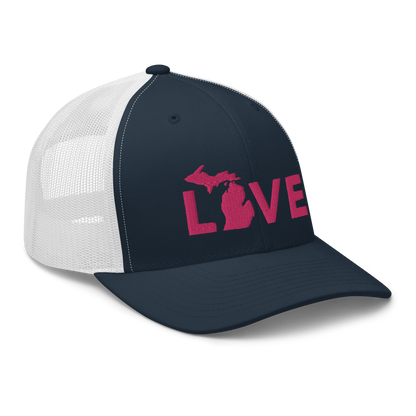 Michigan 'Love' Trucker Hat (Geometric Sans Font) | Pink Embrodiery