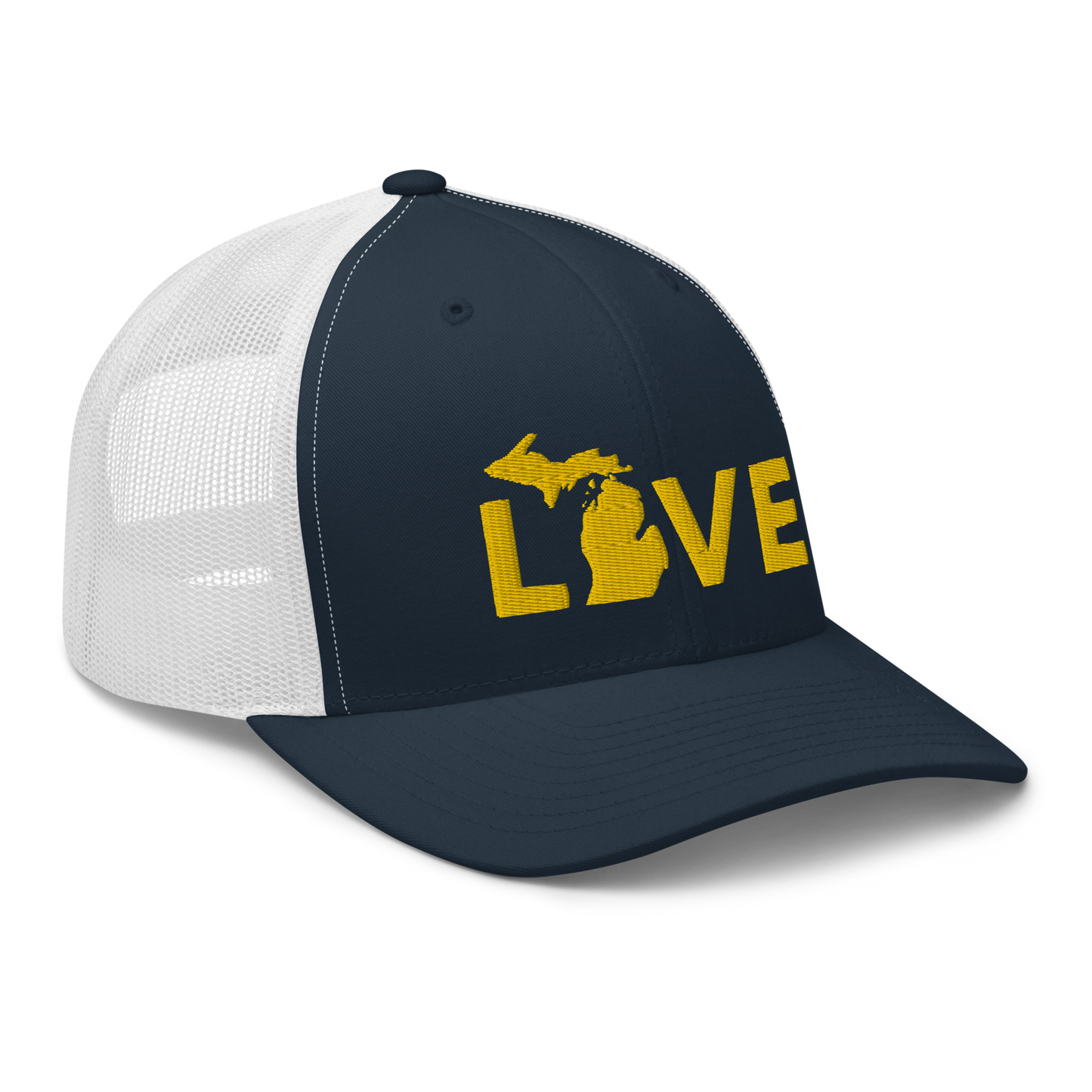 Michigan 'Love' Trucker Hat (Geometric Sans Font) | Gold Embroidery