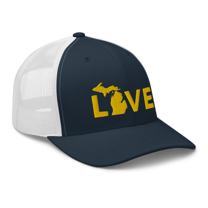 Michigan 'Love' Trucker Hat (Geometric Sans Font) | Gold Embroidery