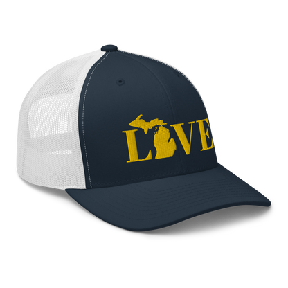 Michigan 'Love' Trucker Hat (Didone Font) | Gold Embroidery