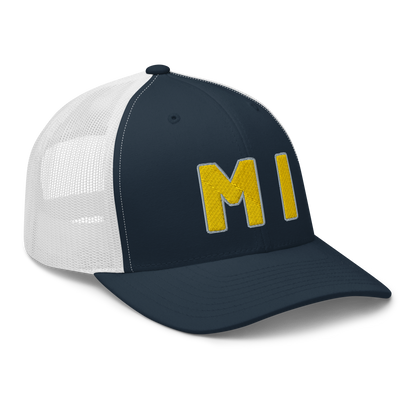 Michigan 'MI' Trucker Hat (1940s Baseball Font) | Gold Embroidery