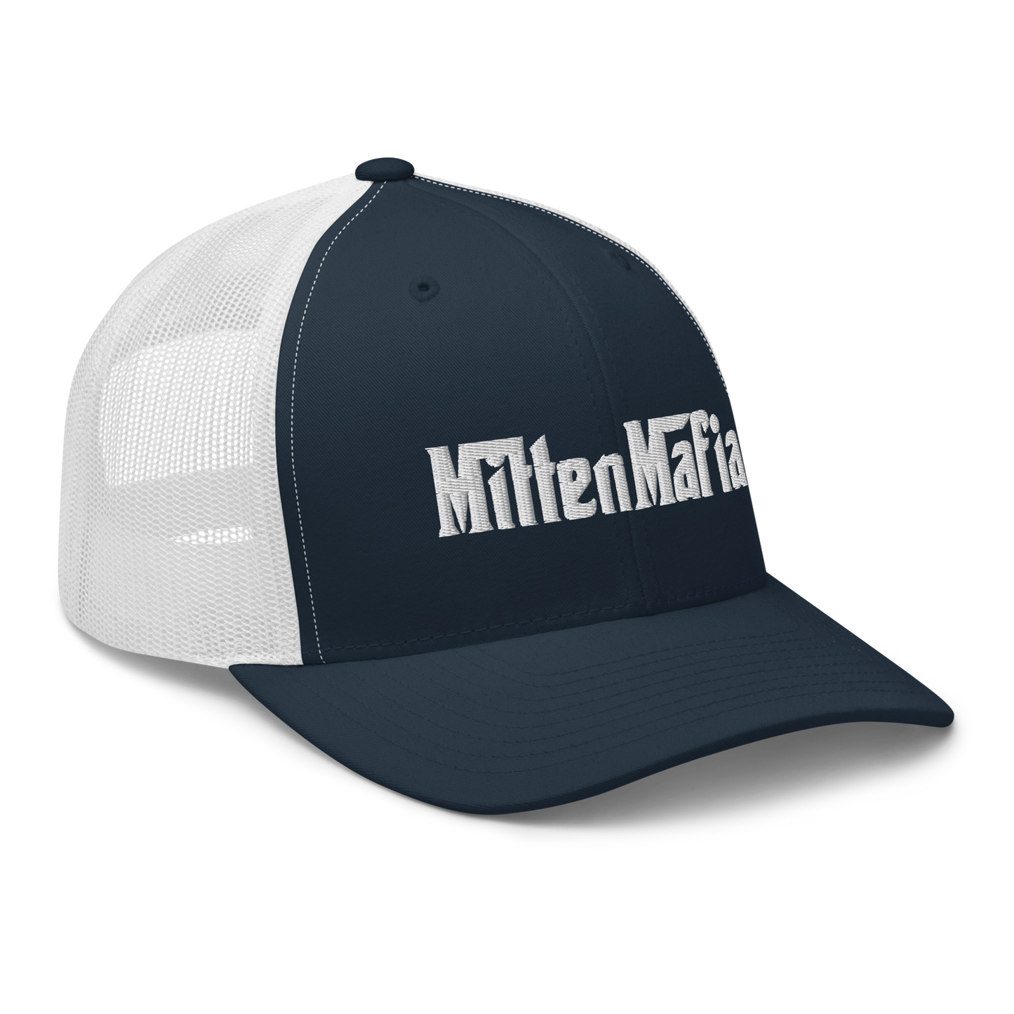 Michigan 'MittenMafia' Trucker Hat (Gangster Font) White/Black Embroidery