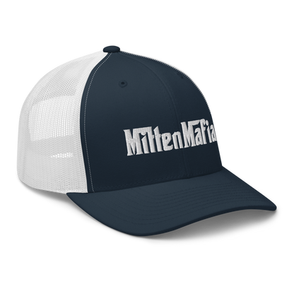 Michigan 'MittenMafia' Trucker Hat (Gangster Font) White/Black Embroidery