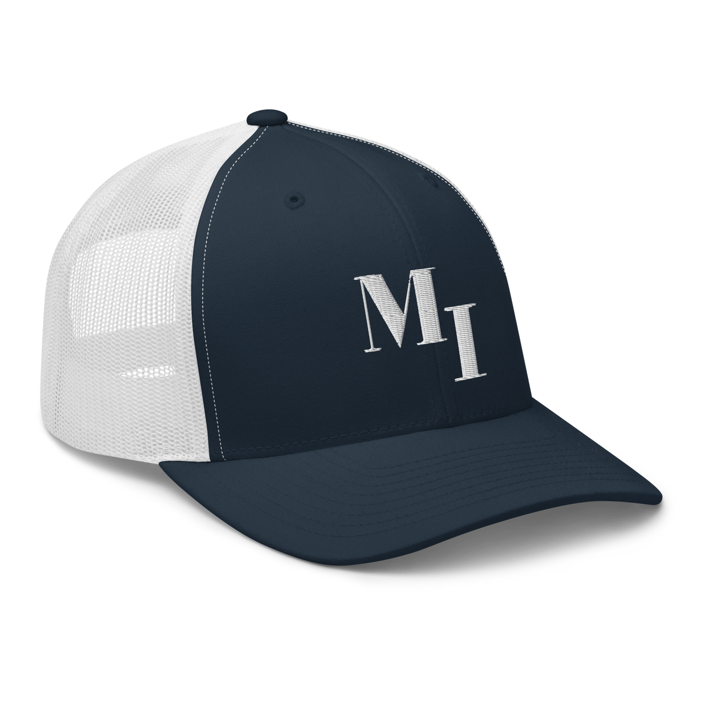 Michigan 'MI' Trucker Hat (Didone Logotype) | White/Navy Embroidery