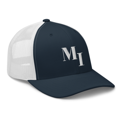 Michigan 'MI' Trucker Hat (Didone Logotype) | White/Navy Embroidery