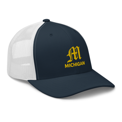 'Michigan' Trucker Hat (w/ 'Old English M') | Gold Embroidery