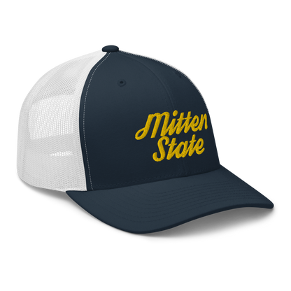 Michigan 'Mitten State' Trucker Hat (Script Font) | Gold Embroidery