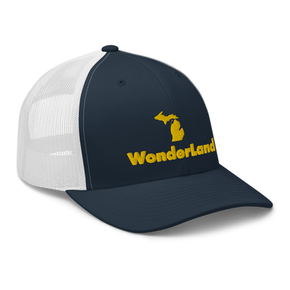 Michigan 'Wonderland' Trucker Hat (Geometric Sans Font) | Gold Embroidery