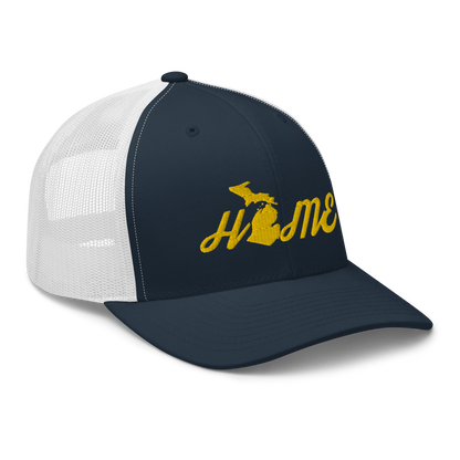 Michigan 'Home' Trucker Hat (Script Font) | Gold Embroidery