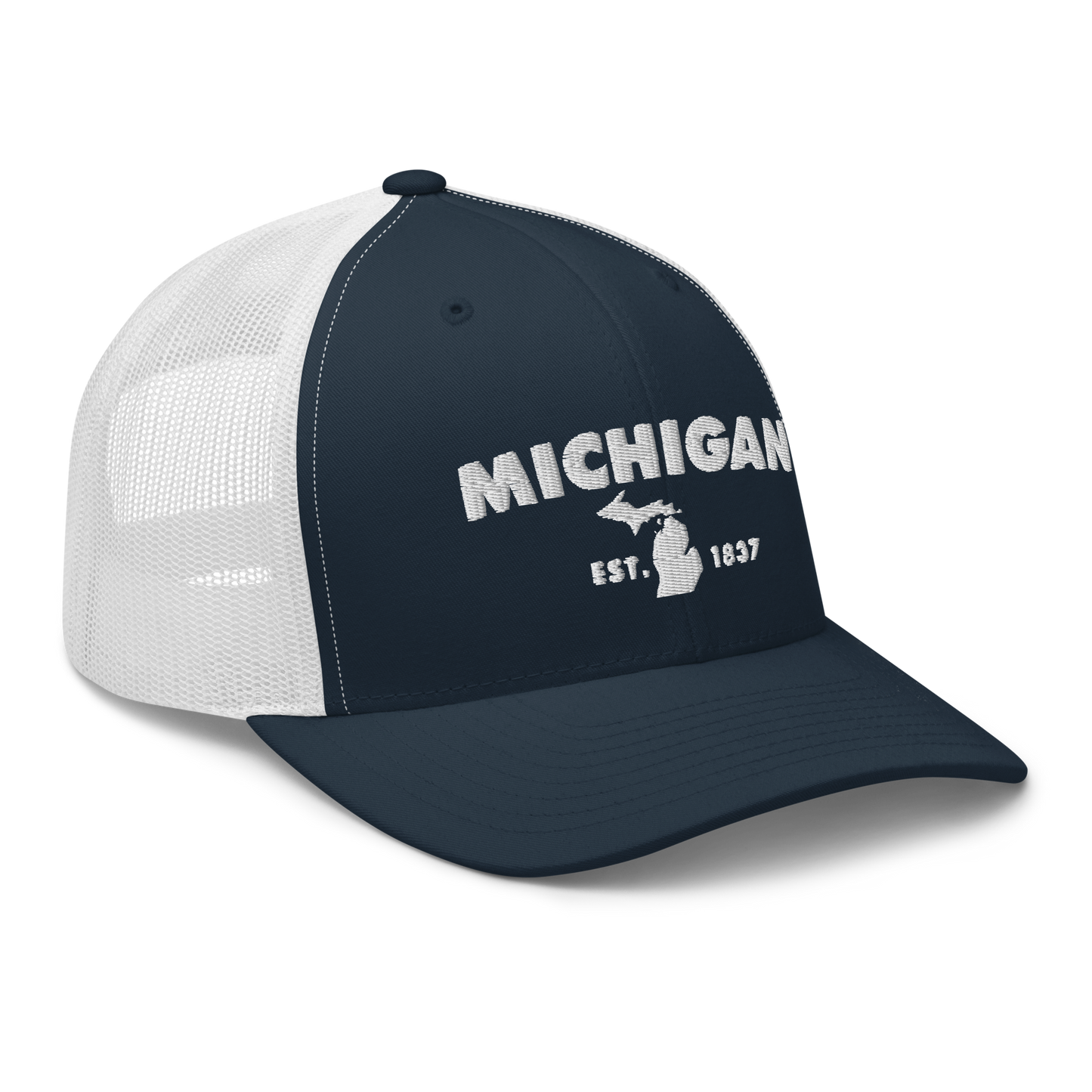 'Michigan EST 1837' Trucker Hat (Geometric Sans Font)