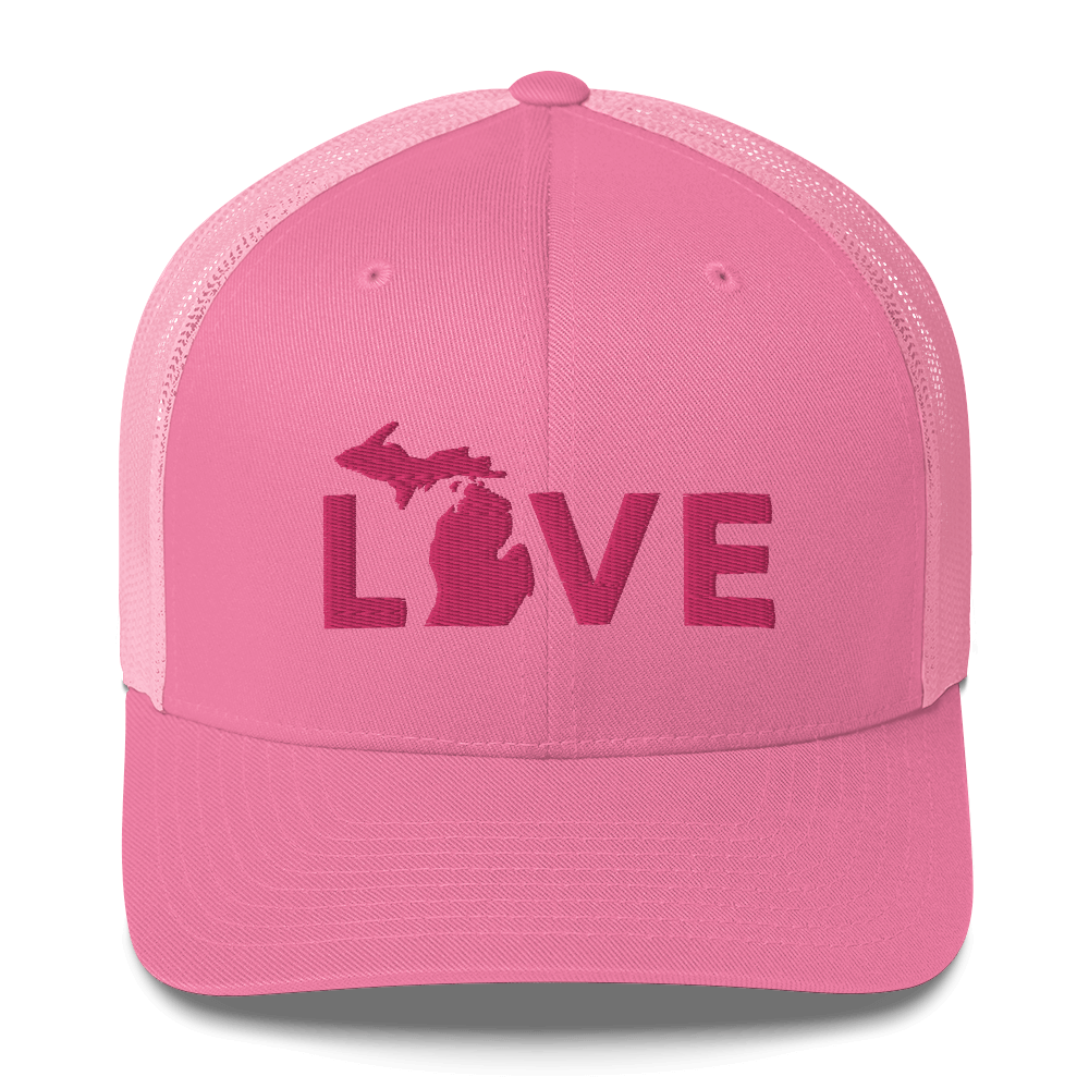 Michigan 'Love' Trucker Hat (Geometric Sans Font) | Pink Embrodiery